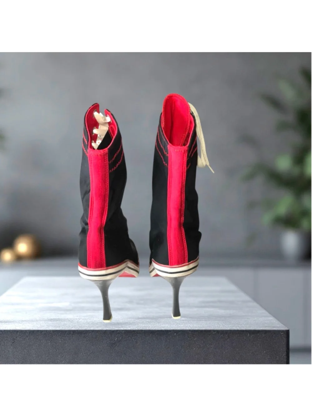 Anne Michelle NOWELL-02 Y2K Mid-Calf Lace-Up Stiletto Heel Boots Black Red Wm 8 - Picture 4 of 9